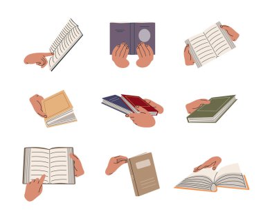 National Read Across America Day. Hands hold books for reading, textbooks for training. A set of literature, dictionaries, encyclopedias, planners