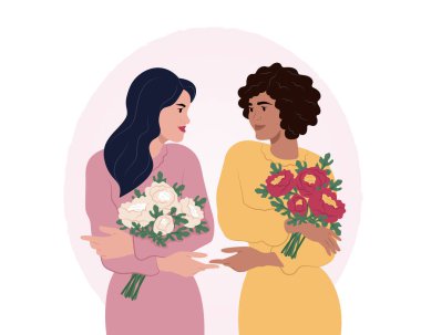 Celebrate International Womens Day. Women of different nationalities and cultures hold hands. Beautiful women hold bouquets of white and red peonies. Womens respect and solidarity