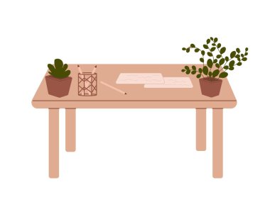 Office table with various objects. Pencils, paps, flower pots at the workplace
