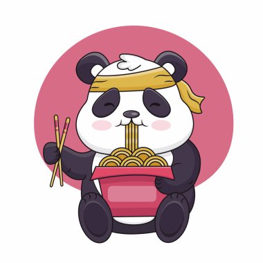 Komik panda erişte, ramen ve udon yer. Çizgi film Vektör Simgesi İllüstrasyonu. Web İniş Sayfası, Banner, Flyer, Sticker, Card için Düz Çizgi Film Biçimi