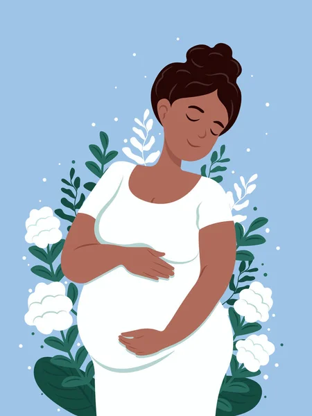 Gyönyörű Terhes Fekete Öleli Hasát Terhesség Anyaság Fogalma Vektorlapos Illusztráció — Stock Vector