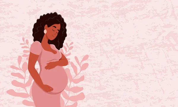 Egészséges Terhességi Transzparens Gyönyörű Terhes Fekete Öleli Hasát Terhesség Anyaság — Stock Vector