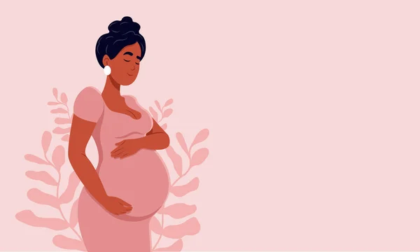 Egészséges Terhességi Transzparens Gyönyörű Terhes Fekete Öleli Hasát Terhesség Anyaság — Stock Vector