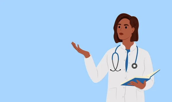 白いコートを着た黒人女性の医者が何かを指している 病院やクリニックのバナー — ストックベクタ