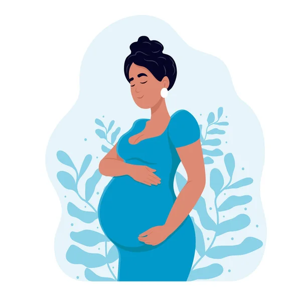 Женщина Предвкушении Материнства День Матери Счастливая Беременная Женщина Обнимает Живот — стоковый вектор