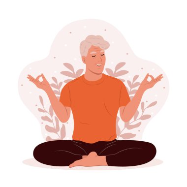 Gözleri kapalı yaşlı bir adam yoga nilüferinde meditasyon yapıyor. Stres Farkındalığı Ayı. Zen ve uyum kavramı. Akıl Sağlığı Bilinci Ayı