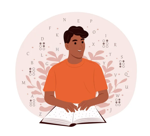 stock vector Black man reads something in Braille. World Braille Day. World Braille Day. November 13 - International Day of the Blind. June 27 - International Day of the Deaf-Blind