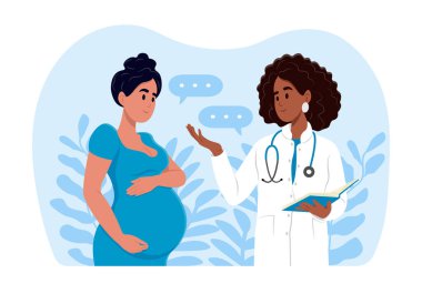 Bebek bekleyen bir kadın gebelik sırasında muayenehaneyi ziyaret ediyor. Hamile bir kadın doğum uzmanı bir jinekologla konuşuyor. Hamilelik konsepti sırasında danışmanlık ve muayene