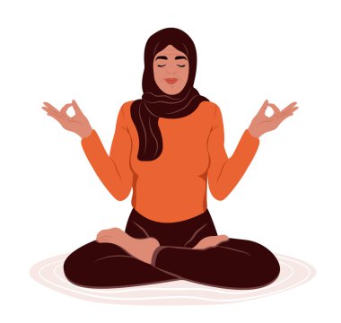 Yaşlı Müslüman kadın, gözleri kapalı yoga nilüferinde meditasyon yapıyor. Stres Farkındalığı Ayı. Zen ve uyum kavramı. Akıl Sağlığı Bilinci Ayı