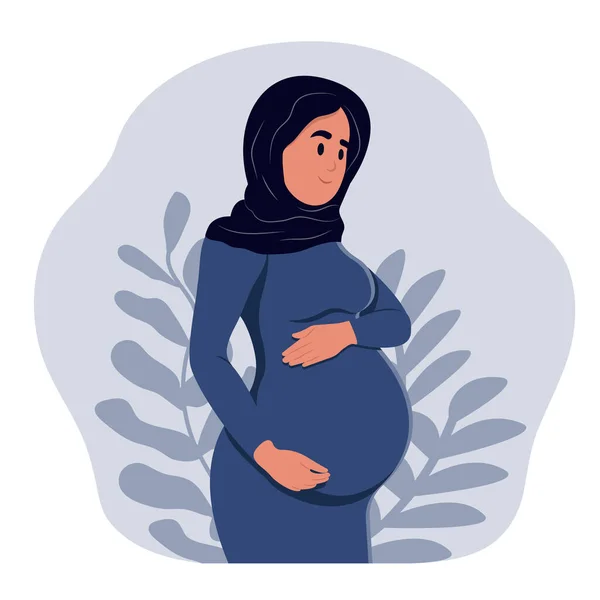 Gyönyörű Terhes Muszlim Öleli Hasát Egészséges Terhességi Transzparens Terhesség Anyaság — Stock Vector
