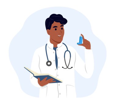 Genç, gülümseyen zenci bir doktor elinde solunum cihazı tutuyor. Dünya Astım ve Alerji Günü. Çocuk doktoruyum. Bronşiyal astım. Alerji, astım. Solunum ilacı