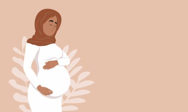 Güzel hamile Müslüman kadın karnına sarılıyor. Hamilelik ve annelik kavramı. Sağlıklı hamilelik. Sağlıklı hamilelik pankartı