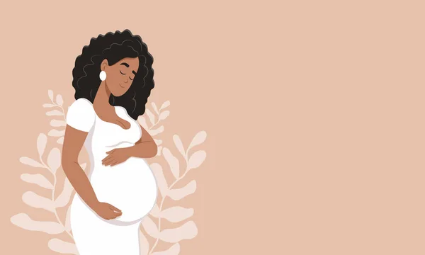 Gyönyörű Terhes Fekete Öleli Hasát Terhesség Anyaság Fogalma Egészséges Terhesség — Stock Vector