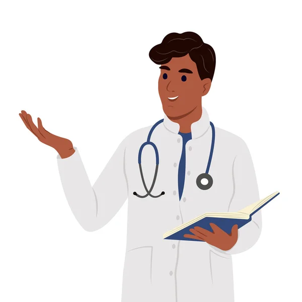 Χαρούμενος Γιατρός Μιλάει Για Εξηγήσεις Και Χειρονομίες Γιατρός Ιατρική Ρόμπα — Διανυσματικό Αρχείο