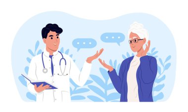 Dünya Alzheimer Günü. Bir doktor yaşlı bir kadına Alzheimer hastalığı hakkında bilgi veriyor. Alzheimer ve Beyin Farkındalığı Ayı. Haziran. Vektör pankartı