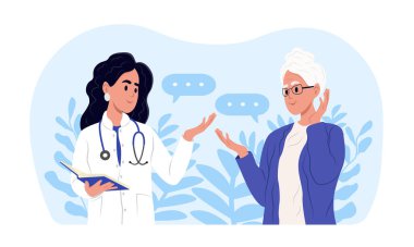 Dünya Alzheimer Günü. Bir doktor yaşlı bir kadına Alzheimer hastalığı hakkında bilgi veriyor. Alzheimer ve Beyin Farkındalığı Ayı. Haziran. Vektör pankartı