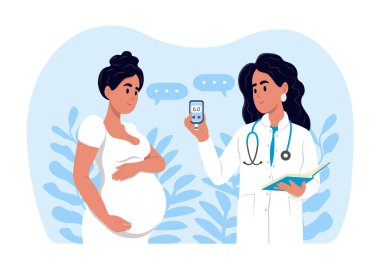 Genç, gülümseyen bir kadın doktor hamile bir kadının şeker seviyesini glukometreyle ölçer. Hamile kadınlarda şeker hastalığı. Dünya Diyabet Günü. Jinekolog ve doğum uzmanı danışmanlığı