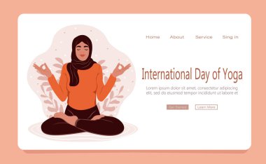 Gözleri kapalı yaşlı bir kadın yoga nilüferinde meditasyon yapıyor. Uluslararası Yoga Günü. Web sayfası şablonu. Stres Farkındalığı Ayı. Akıl Sağlığı Bilinci Ayı