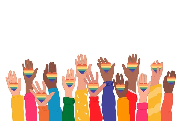 Lgbt骄傲月插图举手表决 在反对暴力 歧视和侵犯人权的骄傲月庆祝活动中举起手牵着Lgbt彩虹的心 — 图库矢量图片