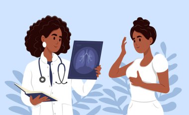 Tüberküloz tedavisi, zatürre, akciğer kanseri. Afro-Amerikan doktor, pulmonolog, ftiyolog hastayla konuşuyor.