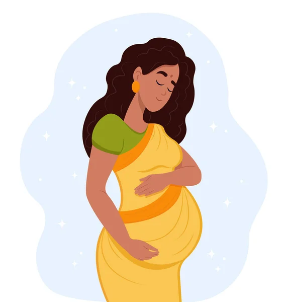 Boldog Terhes Indiai Ölelgeti Hasát Kezével Anyaság — Stock Vector