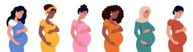 Bir sürü farklı hamile kadın. Afrikalı Amerikalı, Müslüman, Hintli, Afrikalı, Çinli, Asyalı. Farklı milletlerden genç, çok ırklı hamile kadınlar. Çeşitlilik, çok ırklı toplum