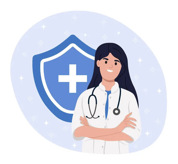 Avatar Uma Médica Sorridente Consulta Médica Line Shield Conceito Cuidados — Vetor de Stock