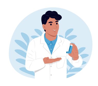 Dünya Astım ve Alerji Günü. Genç, gülümseyen bir doktor elinde solunum cihazı tutuyor. Çocuk doktoruyum. Bronşiyal astım. Alerji, astım. Solunum ilacı. Bronşiyal astım