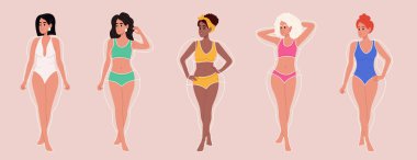 Set of young beautiful women with perfect body shape in underwear. Lines of excess weight around the body. Healthy food, diet, weight