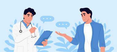 Tıp, sağlık ve insan konsepti. Doktor hastanede hastayla konuşuyor. Doktor ve hasta iyi haberler, sağlık sonuçları, tavsiye ve rapor