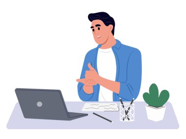 Videoda konuşan gülümseyen adam işaret dili kullanıyor, işitme engelli hastalarla konuşuyor, ekranda jestler gösteriyor.