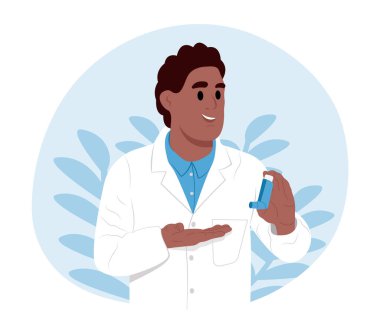 Dünya Astım Günü. Genç, gülümseyen siyah bir doktor solunum cihazı tutuyor. Çocuk doktoruyum. Bronşiyal astım. Alerji, astım. Solunum ilacı