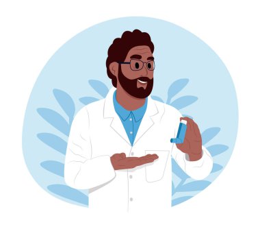 Dünya Astım Günü. Gülümseyen siyahi, yaşlı bir doktor elinde solunum cihazı tutuyor.