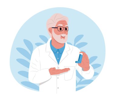 Gülümseyen siyahi, yaşlı bir doktor solunum cihazı tutuyor. Dünya Astım Günü