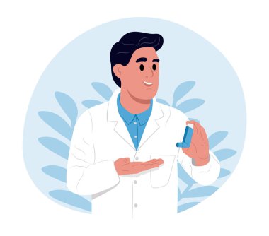 Dünya Astım Günü. Genç, gülümseyen bir doktor solunum cihazını elinde tutuyor. Çocuk doktoru.