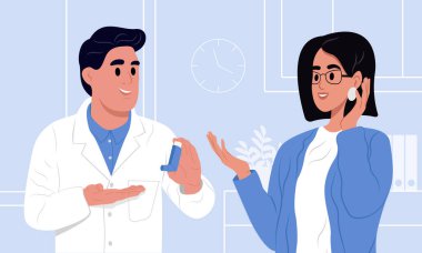 Doktor hastasına astım spreyini nasıl kullanacağını söylüyor. Alerji, astım. Solunum ilacı. Bronşiyal astım