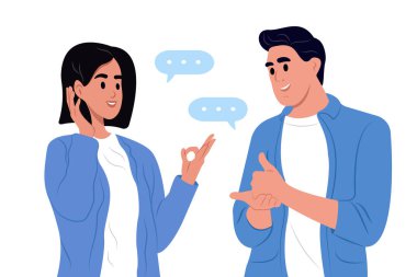 Uluslararası işaret dilleri günü. Bir çift sağır ve dilsiz insan iletişim kurmak için işaret dilini kullanıyor. İşitme engelli bir adam ve bir kadın.