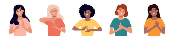 Multiethnic people with hearing impairments. Deaf and mute people communicate in sign language