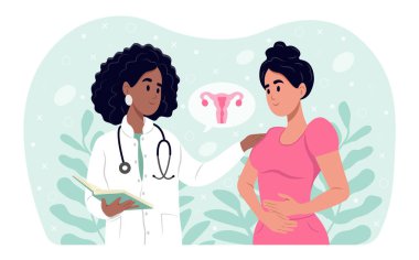 Acı dolu kadın dönemleri konsepti. Zenci bir aile doktoru rahim endometriyozisi olan bir hastayla konuşur. Bir kadın ayakta duruyor ve regl sancısı çekiyor. Endometriyozis Farkındalık Ayı