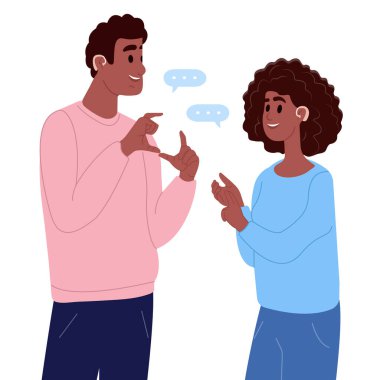 Bir çift sağır ve dilsiz insan iletişim kurmak için işaret dilini kullanıyor. İşitme engelli bir adam ve bir kadın. Dünya Sağır Günü ve Dünya İşitme Günü. Uluslararası işaret dilleri günü