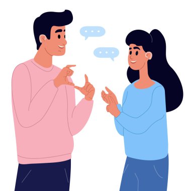 Bir çift sağır ve dilsiz insan iletişim kurmak için işaret dilini kullanıyor. İşitme engelli bir adam ve bir kadın. Dünya Sağır Günü ve Dünya İşitme Günü. Uluslararası işaret dilleri günü