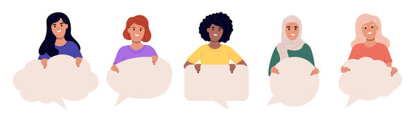 Set of different young people holding empty speech bubbles. Group of people standing and holding speech bubbles Vector illustration