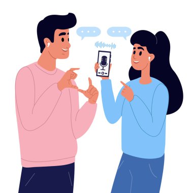 Genç bir çift, bir uygulama web sayfasında kablosuz kulaklıkla podcast dinliyor. Ses terapisi, ses terapisi iyileştirme ritüelleri, akıl sağlığı için olumlu alışkanlıklar.