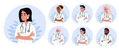 Ulusal Doktorlar Günü. Bir grup gülümseyen doktor, steteskoplu kadın ve erkek doktorların portreleri.