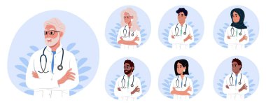 Steteskoplu bir grup doktor. Gülümseyen terapist, kollarını kavuşturmuş pratisyen hekim. Ulusal Doktorlar Günü.
