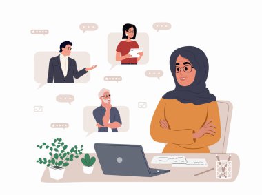İnternette iş görüşmesi. Ofis çalışanları projeyi uzaktan videoda tartışıyor. Takım çalışması. Farklı insanlardan oluşan gruplar çevrimiçi şirket projelerinde birlikte çalışıyorlar.