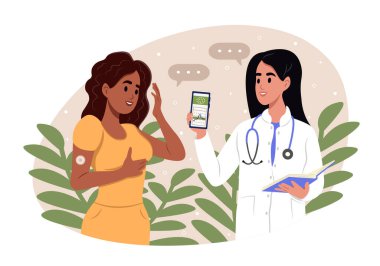 Bir doktor diyabet kontrolünü geliştirmek için hastanın kolunda sürekli glikoz sensörü kullanır. Bir doktor akıllı telefon uygulamasında kan şekeri testi yapan bir telefon gösterir.