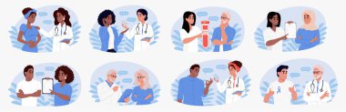 Çeşitli doktor karakterleri. Farklı ırktan ve yaşlardan doktorlar ve hastalar. Erkek ve kadın doktorlar muayene sırasında hastalarla konuşuyor. Çizgi film tarzında çizimler