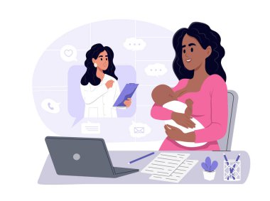 Online tıbbi danışmanlık konsepti. Doktor, anne ve yeni doğan bebekle video aracılığıyla iletişim kuruyor..