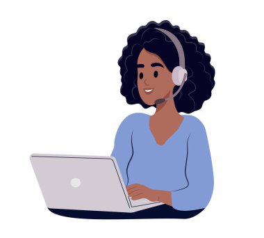 Bilgisayarda çalışan kulaklıklı Afro-Amerikan teknik destek operatörü.